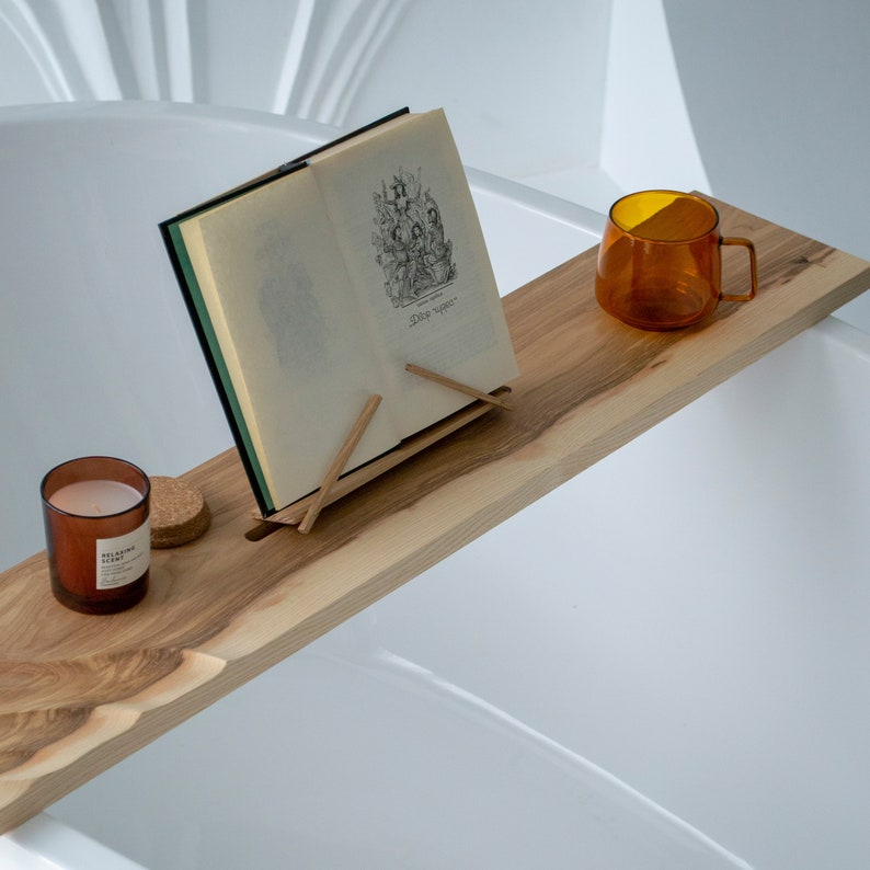 Wooden Bath Tray With Waves and Book Stand Etsy