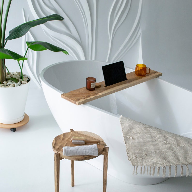 Wooden Bath Tray With Waves and Book Stand Etsy