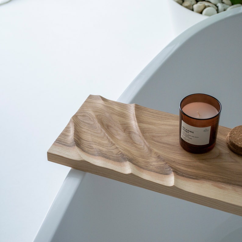Wooden Bath Tray With Waves and Book Stand Etsy