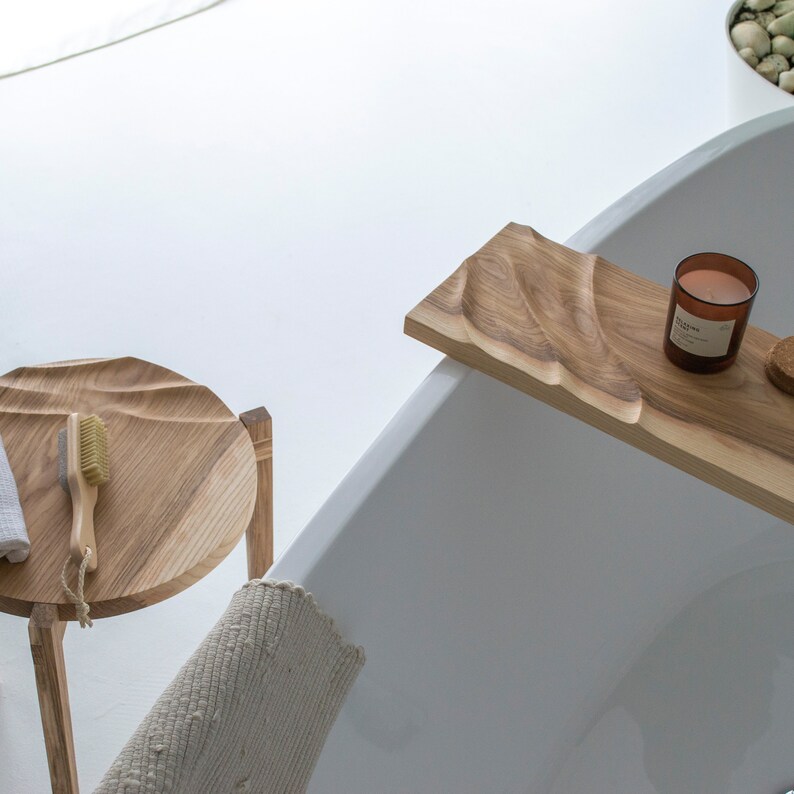 Wooden Bath Tray With Waves and Book Stand Etsy