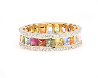 18k Rainbow amethyst tanzanite topaz garnet princess cut eternity band ring with diamond | Natural Rainbow Gemstone ring