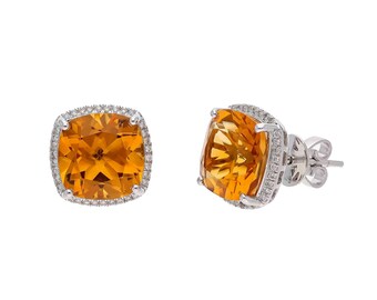 14k Gold Citrine Diamond Earring | White Gold Natural Diamond Halo Earrings For Women | Cushion Cut Citrine Gemstone Wedding Jewelry