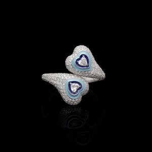 Blue Enamel Diamond Ring 18k White Gold | Heart Shape Bypass Diamond Ring | Natural Diamond Cluster Ring | Gold Minimalist Rings For Women