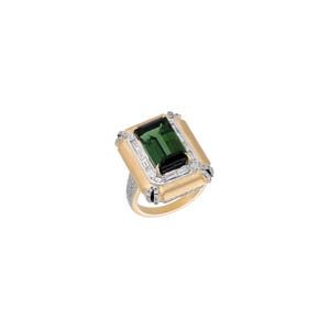 Emerald Cut Tourmaline Diamond Ring: 18k Yellow Gold Statement Engagement Jewelry, US Size 7