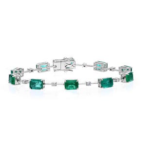 Unique Emerald Diamond Link Chain Bracelet 18k White Gold Jewelry | 6.75 Inch Emerald Cut Emerald Natural Gemstone Statement Bracelets Gold