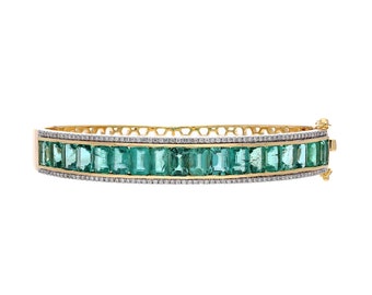 18k Solid Gold 4x6 MM Emerald Diamond Bracelet 57x47 MM / Kanaalinstelling Natuurlijke Edelsteen Sieraden Groene armband voor haar bruidssieraden cadeau
