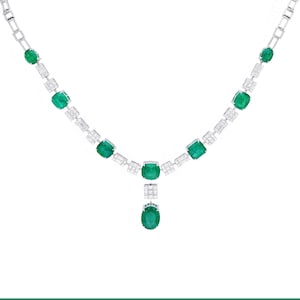 Natural emerald big diamond baguette necklace gold | 18k white gold diamond emerald necklace | Emerald bridal necklace 16 Inch