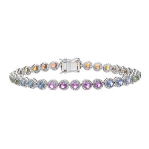 Sapphire Diamond Round Halo Bracelet Jewelry | 7 Inch 18k White Gold Tennis Stackable Bracelet | Multi Sapphire Gemstone Jewelry Woman Gift