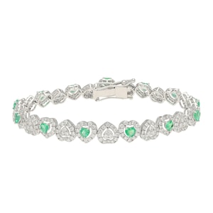 Solid 18k Gold Emerald Diamond Bracelet, White Gold Natural Emerald Link Statement Bracelets For Women, Certified Genuine Diamond Bracelet
