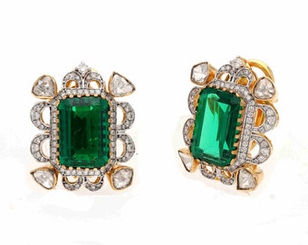 Solid 18k Yellow Gold Green Emerald Quartz & Natural Diamond Halo Stud Earring | Vintage Polki Diamond Gold Earring Jewelry Gift For Women
