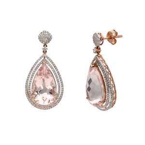15.85 Cts Pear Cut Pink Morganite with Natural Diamond Big Earring in 14k Rose Gold Statement Jewelry Diamond Frame Earring