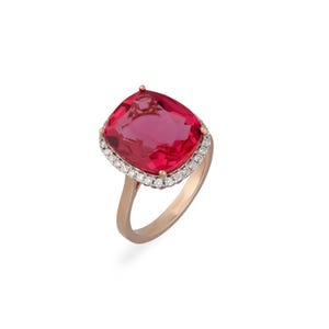 18k Rose Gold Synthetic Ruby Ring | Diamond Ruby Gemstone Halo Ring | Natural Diamond Gold Rings For Women | Engagement Wedding Ring Gift