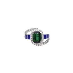 Green tourmaline diamond art deco ring 18k white gold, Blue enamel diamond statement ring for woman, Unisex gold ring for men Size 7 US