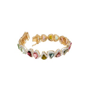 Multi color tourmaline in uneven shape with halo diamond, 18k yellow gold stack bracelet for woman, Natural gemstone jewelry for her