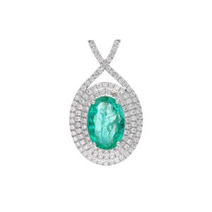 2.06 Cts. Natural Emerald & Diamond Pendant | 18k White Gold Natural Diamond Halo Necklace Pendants For Her | Emerald Minimalist Pendant