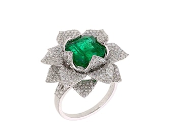 Emerald Ring Diamond Floral Jewelry / 18k Gold Ring / Green Gemstone Ring / Natural Emerald Jewelry / Bridal Ring