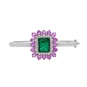 Exclusive Emerald Sapphire Bold Bangle Bracelets / 18k White Gold Jewelry Statement Pieces / Natural Gemstone Designer Jewelry For Woman