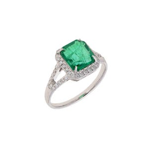 2.27 Cts. Natural Emerald Ring Gold | Solid Gold 18k White Natural Diamond Halo Rings For Women | Emerald Diamond Wedding Engagement Ring