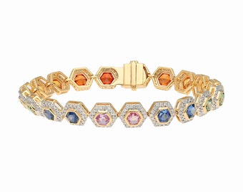 Multi Color Sapphire Diamond Statement armband 18k geel goud, natuurlijke gecertificeerde diamanten vrouwen armbanden, gouden regenboog saffier sieraden