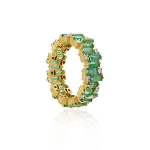 Emerald baguette stackable ring, 18k yellow gold diamond minimalist jewelry, Green gemstone stacking band ring for her, Birthday gift
