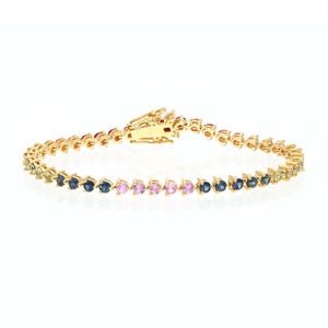Natural multi sapphire stacking bracelet gold / Faceted sapphire prong set gemstone jewelry / 18k solid gold bracelet 6.5 inch for her