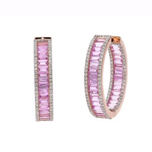 Natural Pink Sapphire Hoop Earring Diamond Jewelry 18k Rose Gold / Baguette Cut Pink Gemstone Earrings / Bridesmaid Gemstone Gift Gold