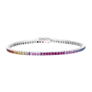 Multi Sapphire Bracelet Channel Set Princess Cut Gemstone Jewelry | 18k White Gold Stackable Tennis Bracelet | Multi Color Jewelry Gold