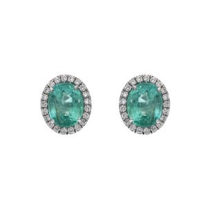 Oval Cut Emerald Stud Earring | 18k White Gold Natural Diamond Halo Stud Earring For Women | Green  Gemstone Stud Earrings Gold Jewelry Gift