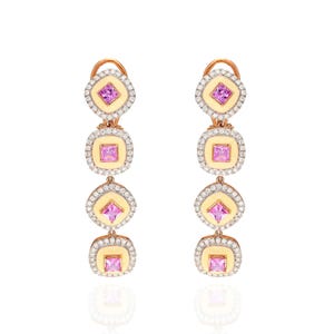 18k Rose Gold Pink Sapphire Diamond 4 Tier Dangle Drop Earrings / Pink Gemstone Enamel Jewelry / Square Cut Gemstone Gold Earrings Gift