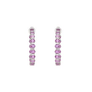 Pink sapphire round hoop earrings 18k white gold / Natural sapphire diamond push back earring Pink gemstone jewelry / 36 MM
