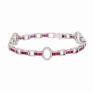 Art Deco Ruby Diamond Link Station Bracelet 18k White Gold, Natural Diamond Bangle Bracelet For Women, Princess Cut Ruby Gemstone Bracelet