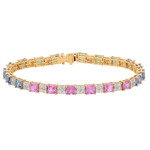 Rainbow Sapphire Diamond Tennis Bracelet 18k Yellow Gold, Certified Diamond Gemstone Bracelet Gold, Multi Sapphire Birthstone Bracelet Gift