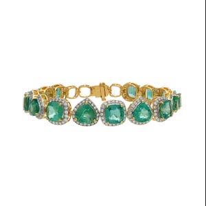 Natural emerald diamond stack bracelet, 18k Yellow gold tennis bracelet for woman, Green gemstone jewelry for bridesmaid, Bracelet 6.5 Inch
