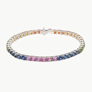 Solid 18k White Gold Natural Multi Sapphire Gemstone Tennis Bracelet Jewelry | Rainbow Sapphire Birthstone Bracelet Gold Gift For Women
