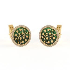Dainty Fine Diamond Cufflinks, 14K Solid Gold Handmade Cuff Links, Natural Malachite Gemstone Gold Cufflink Jewelry Gift For Him, Groomsmen