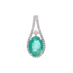 2.20 Cts. Real Emerald Diamond Pendant | 18k White Gold Natural Diamond Minimalist Pendant Charm | Oval Cut Emerald Gemstone Jewelry Gift