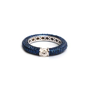 18K White Gold Ring, Real Diamond, Blue Sapphire Pave Set