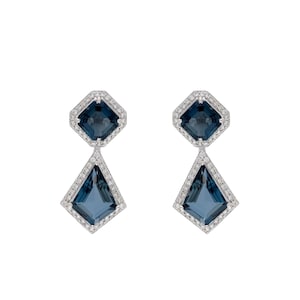 Excusive blue topaz dangle earring 18k white gold / Real diamond designer earring / Blue gemstone jewelry for woman / Zorayajewels