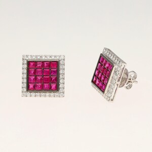 Dainty Ruby Diamond Gold Earring | 18K White Gold Natural Diamond Earrings For Women | Natural Ruby Halo Earrings | Ruby Bridal Jewelry Gift