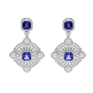 18k White Gold Natural Tanzanite Diamond Earrings, Art Deco Designer Certified Diamond Wedding Earrings, Dangle Stud Earring Gold Jewelry