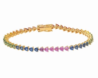 Solid 18k Gold Natural Multi Sapphire Gemstone Tennis Bracelet, Prong Set Rainbow Sapphire Birthstone Yellow Gold Bracelet Gift For Women