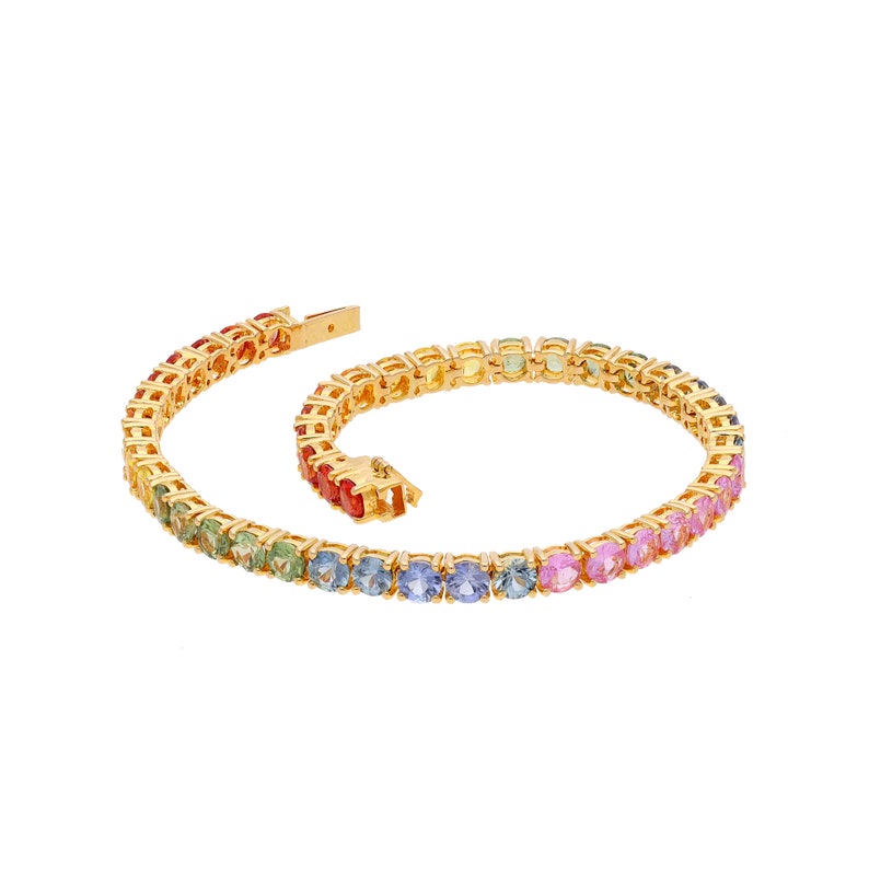 Regenboog saffier edelsteen armband 18k gouden sieraden / Multi Sapphire Sieraden Armband voor haar / Sapphire tennisarmband / zorayajewels afbeelding 3