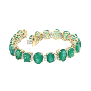 Genuine Green Emerald Gold Bracelet / 18k White Gold Natural Diamond Statement Bracelet / Art Deco Gold Emerald Diamond Bracelet For Gift