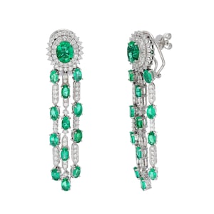 Solid 18k Yellow Gold Natural Diamond Chandelier Earring | Oval Cut Emerald Gemstone Stud Earring For Women | Statement Earring Jewelry