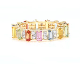 2.54 CTS. Rainbow Sapphire Baguette Cut Eternity Band in 18K Solid Gold with Natural Diamond Accents
