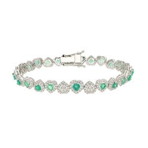 18k White Gold Emerald Diamond Bracelet, Certified Natural Diamond & Heart Cut Emerald Statement Bracelets For Women Engagement Gift