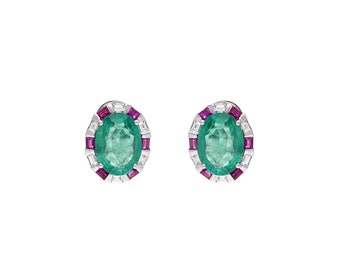 Oval cut emerald ruby stud earrings with diamond accent / Green gemstone jewelry 18k white gold / Earrings for Woman / Zorayajewels