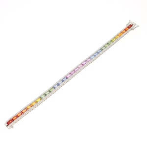Rainbow Sapphire Diamond Tennis Bracelet 18k Gold, Natural Multi Sapphire Octagon Cut Ombre Bracelet For Women, White Gold Diamond Bracelet