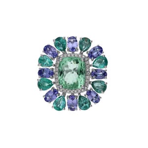 Handmade Art Deco Ring 18k White Gold / Tourmaline Emerald Tanzanite Diamond Ring Jewelry / Gifts For Her / Ethical Gemstone Jewelry For Her