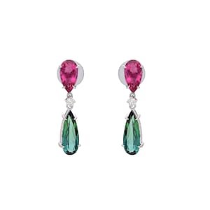 Rubellite and tourmaline 18k gold earring / Pink green gemstone 24 MM dangle earrings / Natural gemstone fine jewelry / Jewelry for Her